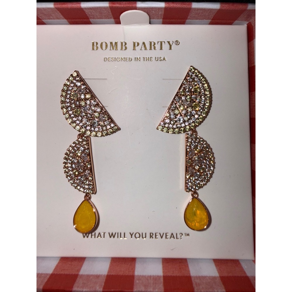 Bomb Party Market Fresh Citrus Yellow Crystal Rose Gold Tone Dangle Earrings